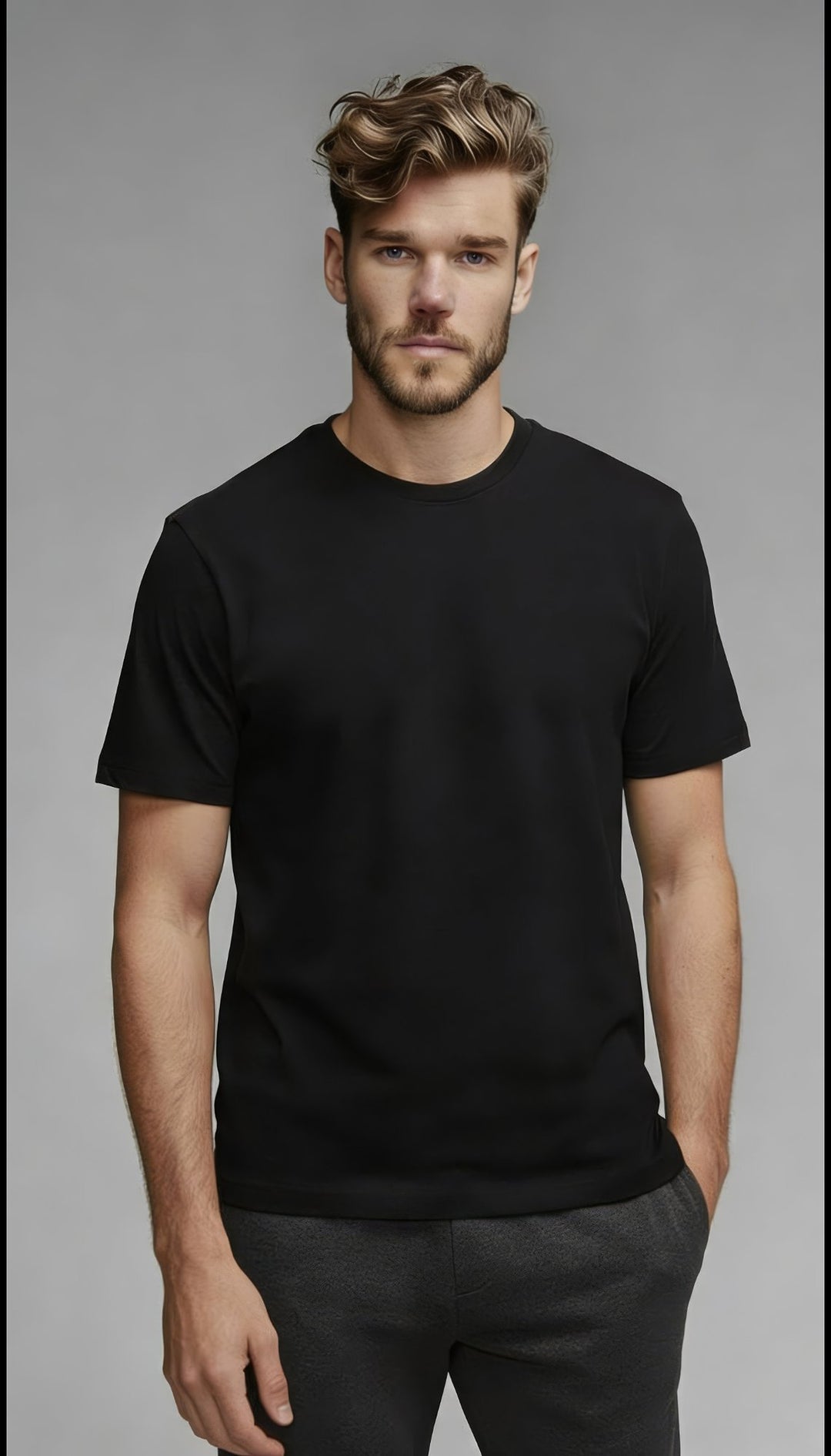 Modern Fold men's premium modal t-shirt in Black – 300 GSM, front view showing drape and fit
