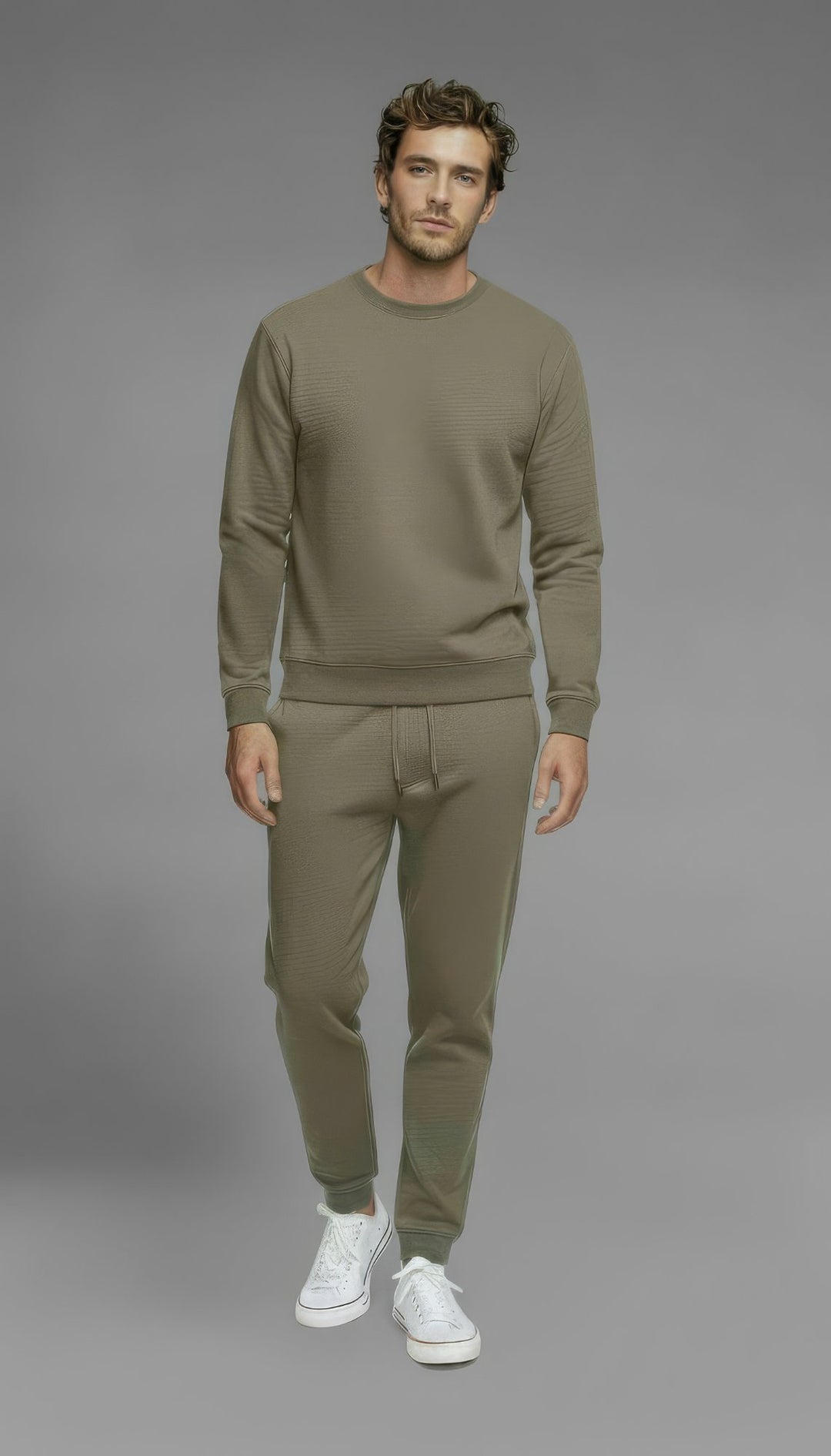 Modern Fold men's heavyweight fleece crewneck in Army Green – relaxed fit, front view