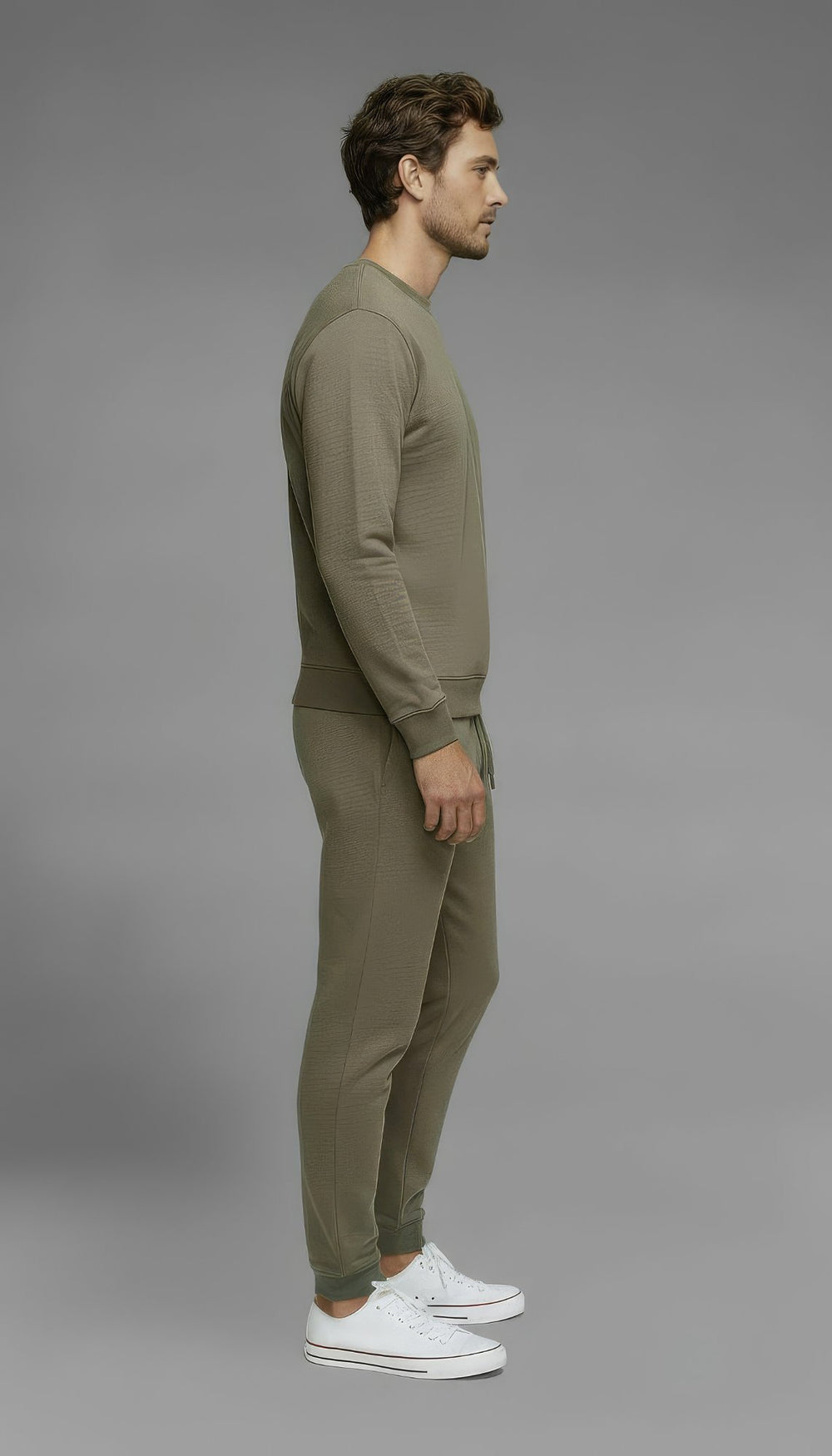 Modern Fold men's heavyweight fleece crewneck in Army Green - crew neckline and ribbed cuff detail