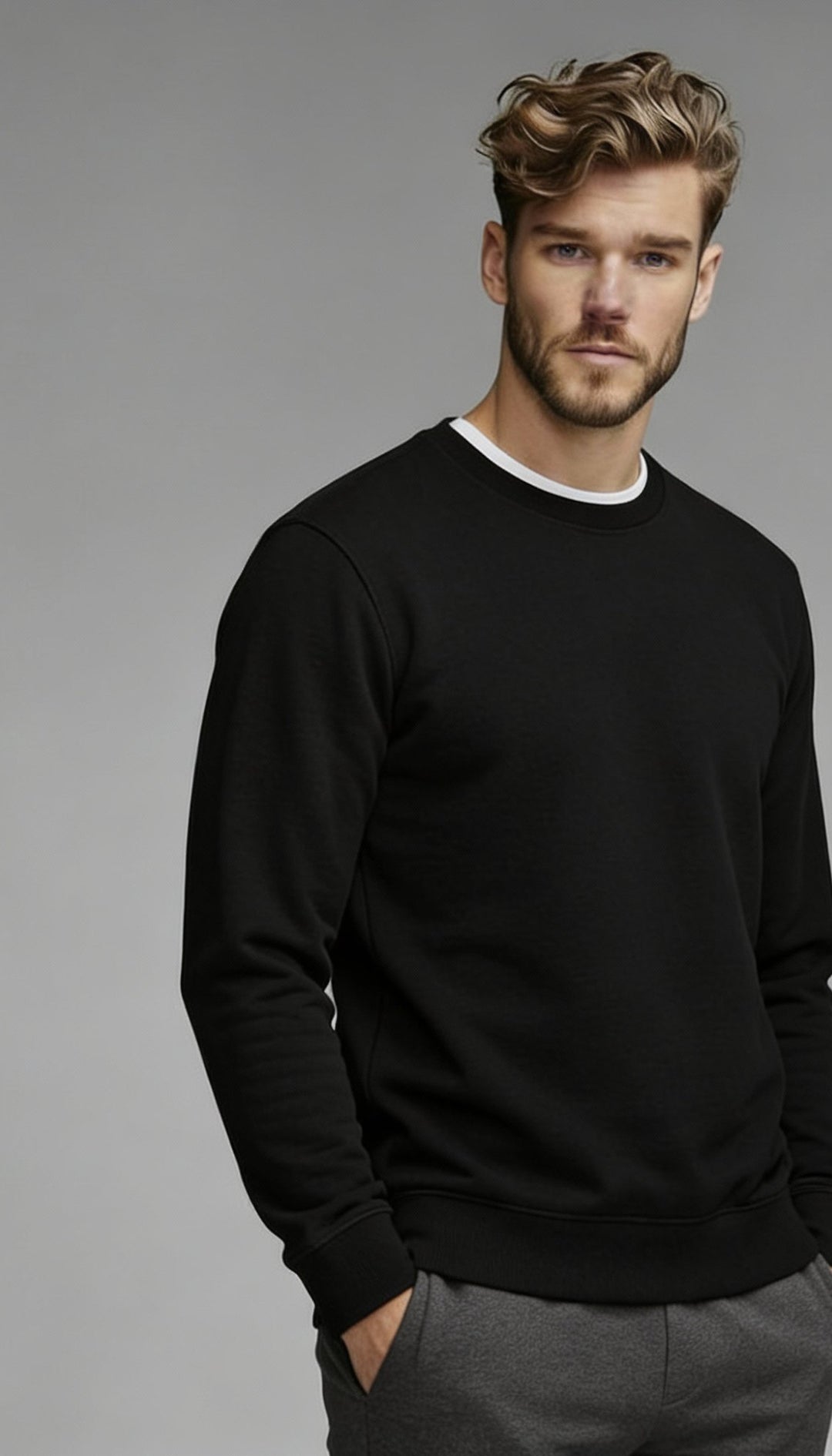 Modern Fold men's everyday crewneck sweatshirt in Black – classic fit, front view