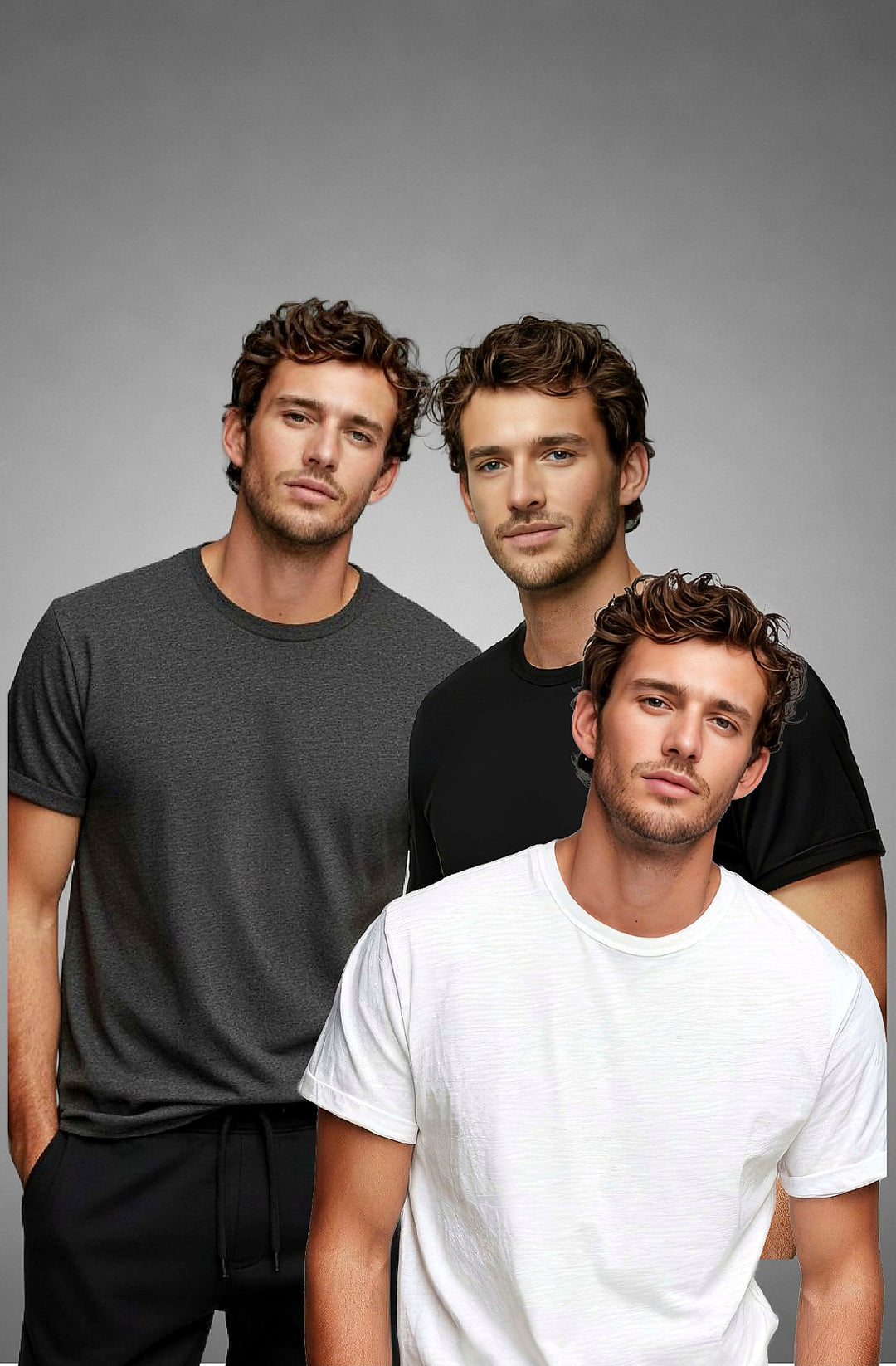 Modern Fold Essential T-Shirt 3-Pack in Multi (Black, White, Gray) - 160 GSM everyday tee, front view
